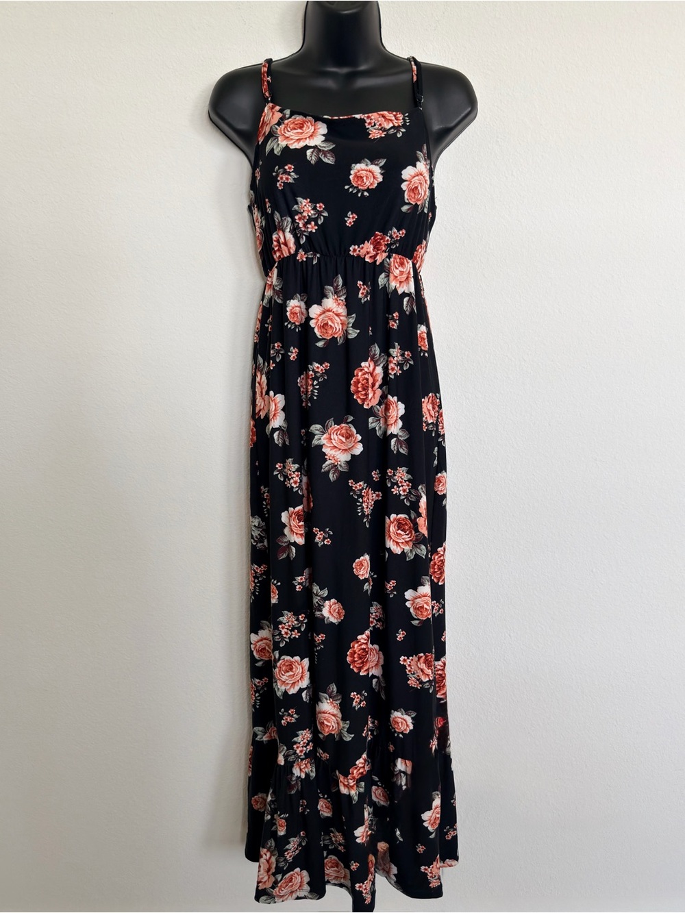 Ultra Flirt Floral Maxi Dress Black Pink Coral Roses Spaghetti Strap Tie Back S
